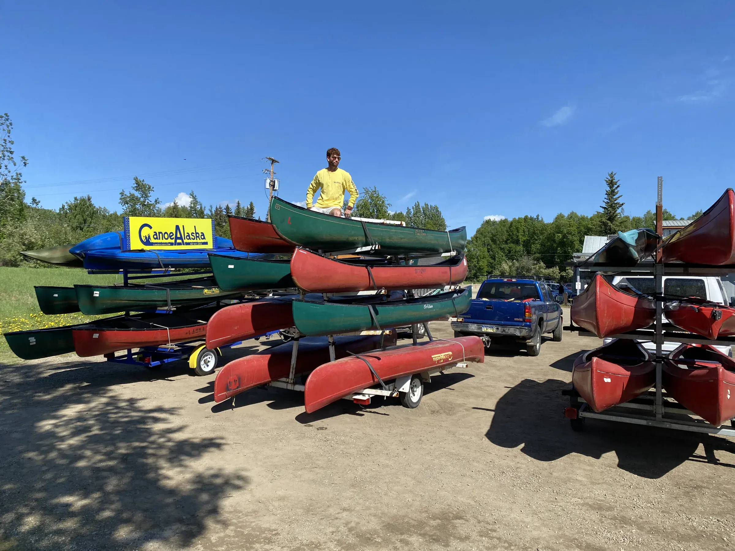 Canoes lined up at Canoe Alaska in Fairbanks